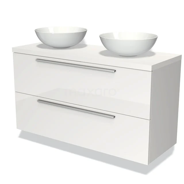 Weißer Badschrank mit zwei Aufsatzwaschbecken, moderner Hochglanz-Oberfläche und eleganten Metallhaltegriffen für einen stilvollen Auftritt.