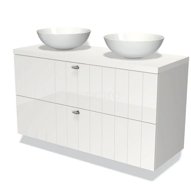 Weißes Waschtisch mit zwei runden Aufsatzwaschbecken, Hochglanzoberfläche und doppelten Schubladen, perfekt für ein modernes Badezimmer.