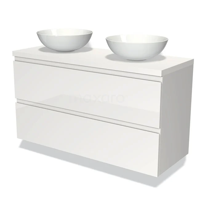 Weißes Badezimmermöbel mit doppeltem Aufsatzwaschbecken, modernes Design und Hochglanzoberfläche, ideal für stilvolle Bäder.
