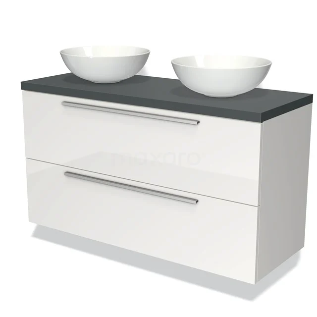 Weißes Badezimmermöbel mit zwei keramischen Aufsatzwaschbecken, grauer Platte und zwei breiten Schubladen für praktischen Stauraum.