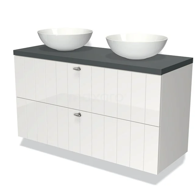 Weiße Badmöbelset mit zwei runden Aufsatzwaschbecken, Dunkelgrau Platte und modernen Schubladen, perfekt für ein stilvolles Badezimmer.