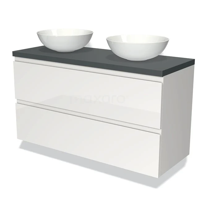 Modulo Plato Vanity units for countertop basin | 120 cm High-gloss white Handle-less front Dark grey worktop 2 Stacked drawers BMK17-00581