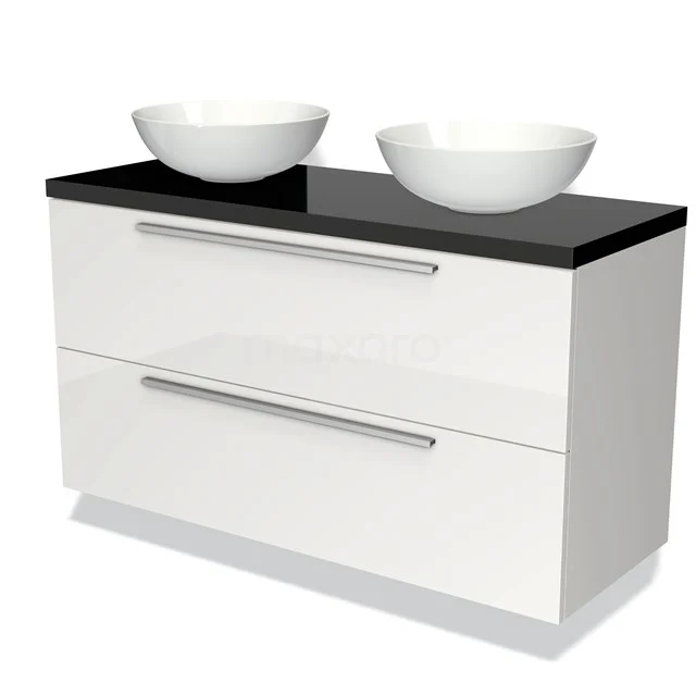 Weißes Hochglanz-Badmöbel mit schwarzer Platte und doppelten Aufsatzwaschbecken, modernes Design mit zwei Schubladen.