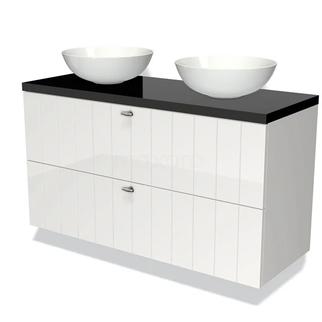 Weiße Badmöbel mit schwarzer Platte, zwei runden Aufsatzwaschbecken und chromfarbenen Haltegriffen, ideal für moderne Bäder.