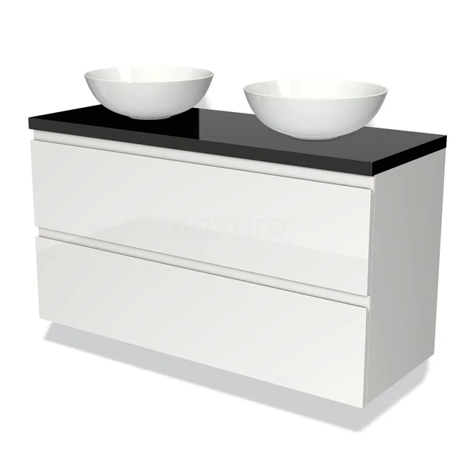 Weiße Badmöbel mit doppeltem Aufsatzwaschbecken, schwarzer Platte, grifflosen Schubladen, modernes Design aus hochglanz MDF.