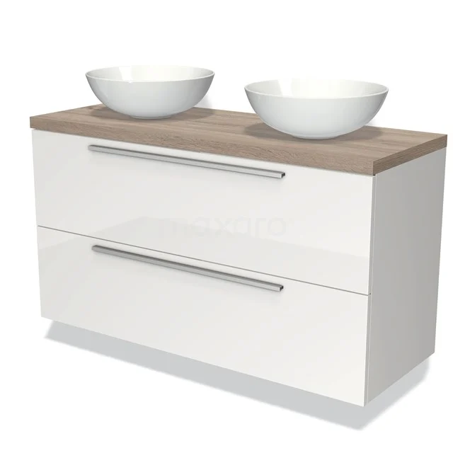 Wit badkamermeubel met houtlook bovenblad en dubbele wastafelkommen, modern design met ruime opberglades.