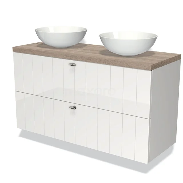 Weißes Badmöbel mit doppelten Aufsatzwaschbecken, Holzlook Platte und zwei Schubladen, perfekt für einen modernen Badezimmerstil.
