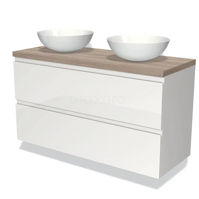 Weißes Badezimmermöbel mit zwei Aufsatzwaschbecken, Holzlook Platte und Ladefronten, modernes Design für ein stilvolles Badezimmer.