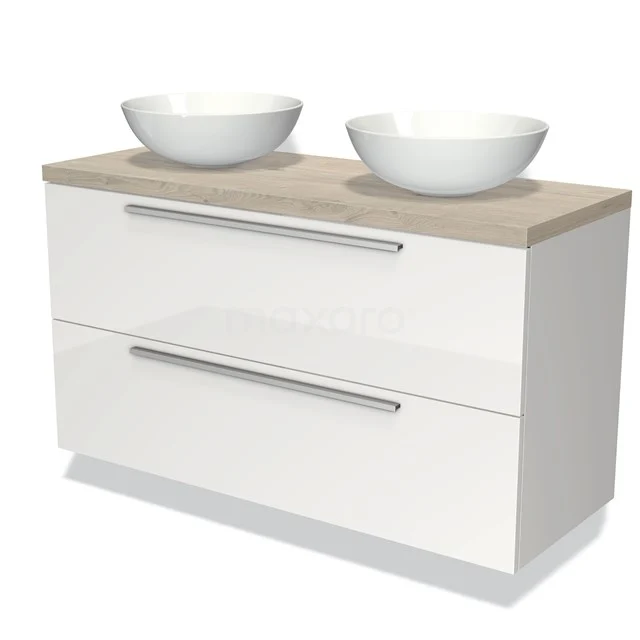 Waschtischunterschrank mit Konsole 120cm Modulo Plato Hochglanz Weiß 2 Schubladen Flach hellgraue Eiche Platte BMK17-00588 Weißes Badezimmermöbel mit Holzlook Platte, doppeltem Aufsatzwaschbecken und Schubladen; modernes Design geeignet für eine luxuriöse Badezimmer Einrichtung.