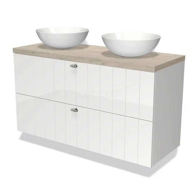 Wit glanzend badkamermeubel met twee ronde waskommen en een licht houten blad, ideaal voor een moderne badkamerstijl.