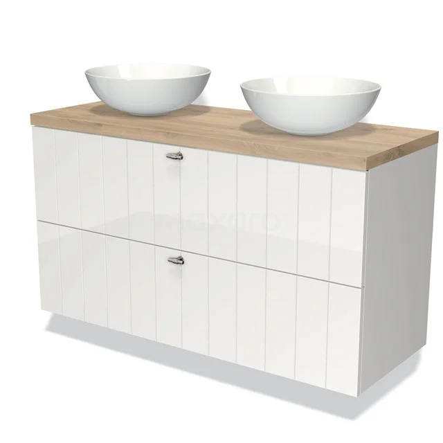 Wit hangend badkamermeubel met houtlook blad, dubbele waskom en twee lades; modern design voor een stijlvolle badkamer.
