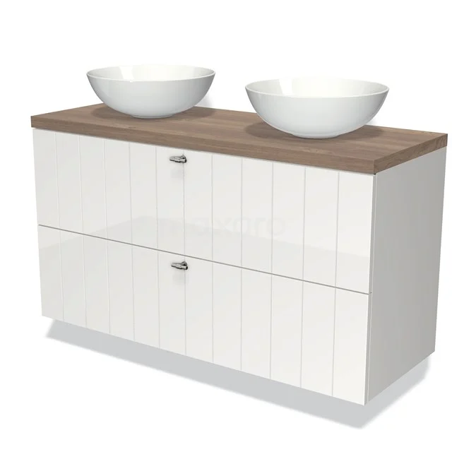Weißes Badmöbel mit zwei runden Aufsatzwaschbecken, holzfarbener Platte, modernes Design; perfekt für eine stilvolle Badezimmerinrichtung.