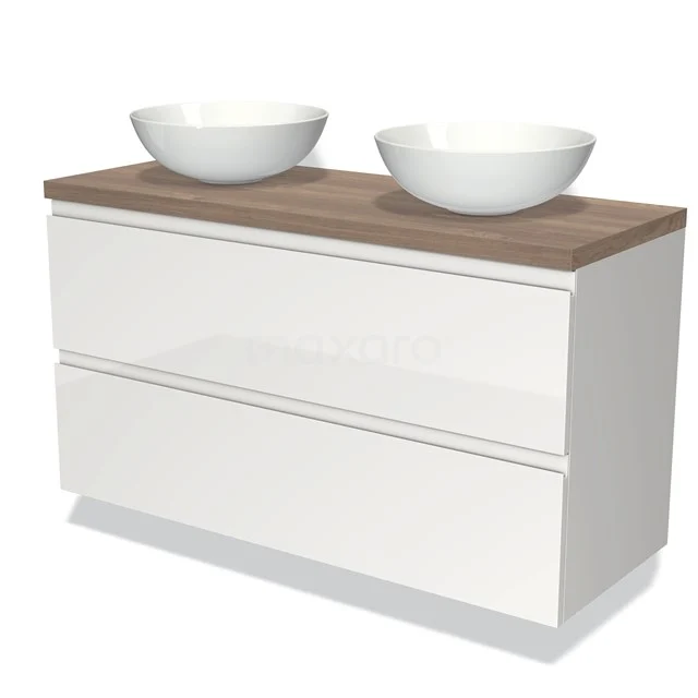 Modulo Plato Vanity units for countertop basin | 120 cm High-gloss white Handle-less front Mid brown oak worktop 2 Stacked drawers BMK17-00596