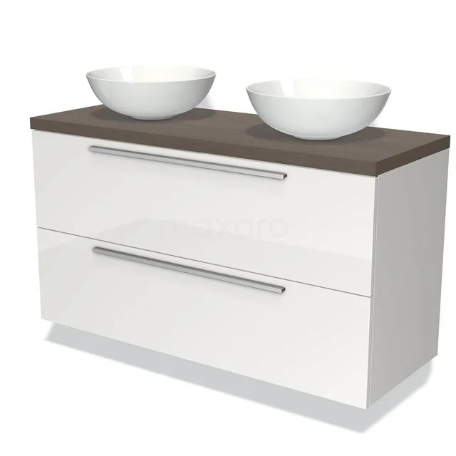 Modulo Plato Vanity units for countertop basin | 120 cm High-gloss white Flat front Dark brown oak worktop 2 Stacked drawers BMK17-00597