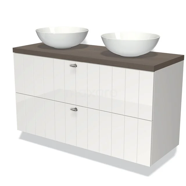 Weißes Badmöbel mit zwei runden Aufsatzwaschbecken, Holzlook Platte und moderner Verarbeitung, perfekt für eine stilvolle Badezimmer Einrichtung.