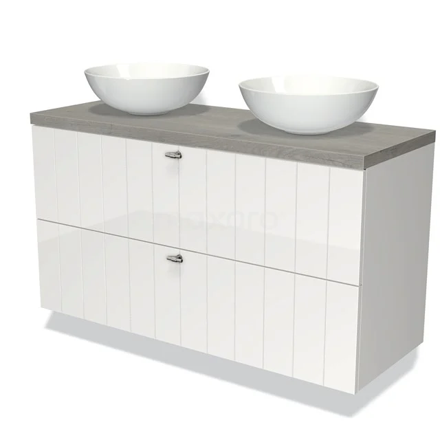 Weißes Badezimmermöbel mit zwei runden Waschbecken, Holzlook Platte und grifflose Schubladen, modernes Design.