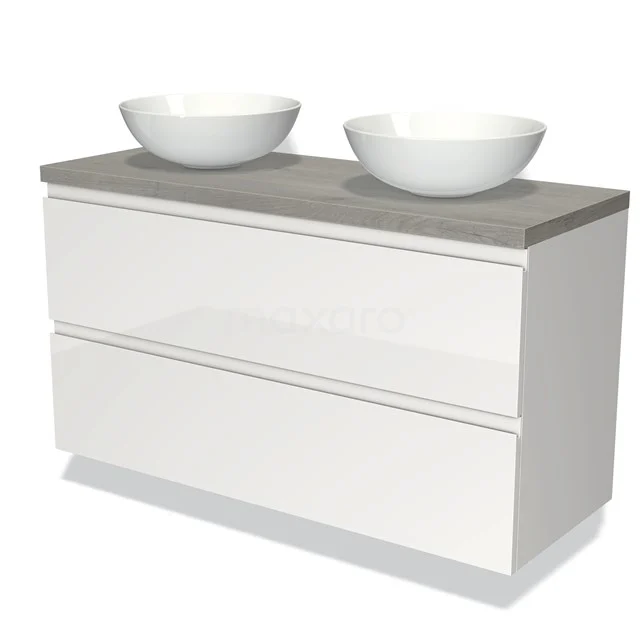 Modulo Plato Vanity units for countertop basin | 120 cm High-gloss white Handle-less front Grey oak worktop 2 Stacked drawers BMK17-00602
