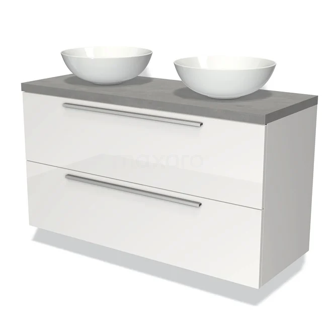 Weißes Doppelwaschbeckenmöbel mit grauer Platte, modernen Schubladen und keramischen Aufsatzwaschbecken, ideal für stilvolle Badezimmergestaltung.