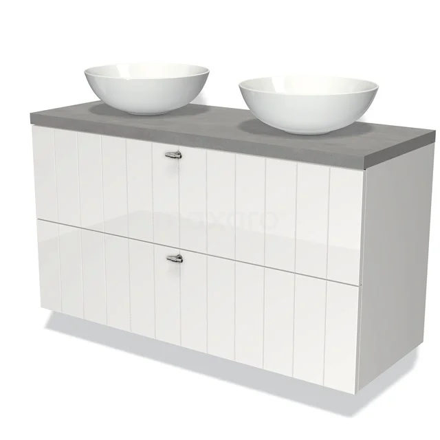 Weißes Badezimmermöbel mit Doppelwaschbecken, grauer Arbeitsplatte und Softclose-Schubladen, ideal für moderne Badezimmergestaltung.