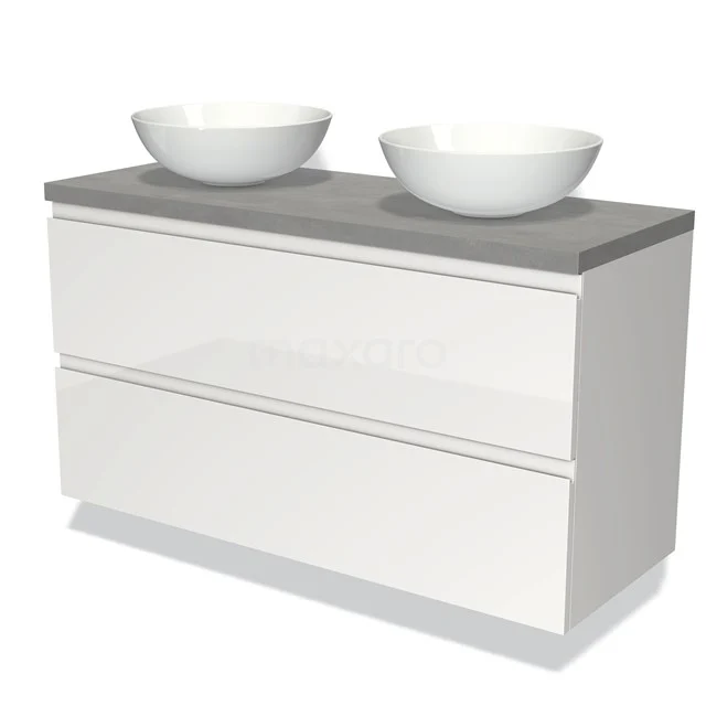 Modulo Plato Vanity units for countertop basin | 120 cm High-gloss white Handle-less front Light grey concrete worktop 2 Stacked drawers BMK17-00605