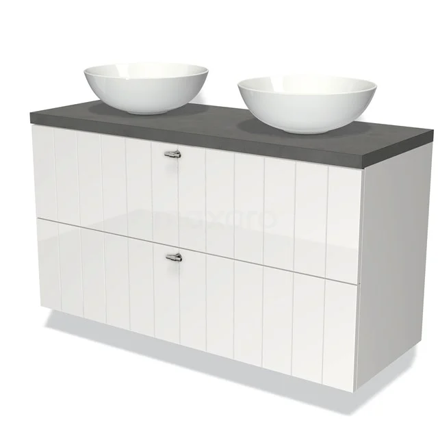 Weißes Badezimmermöbel mit schwarzer Platte, doppelten Aufsatzwaschbecken und Softclose-Schubladen, modernes Design mit klaren Linien.