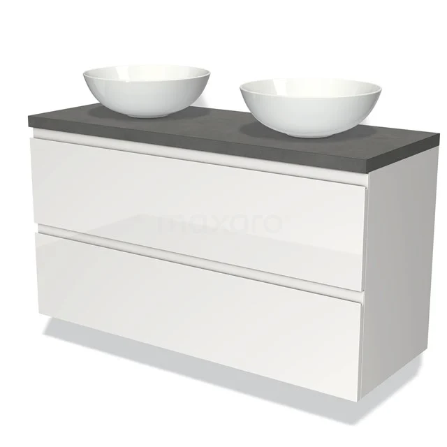 Modulo Plato Vanity units for countertop basin | 120 cm High-gloss white Handle-less front Dark grey concrete worktop 2 Stacked drawers BMK17-00608
