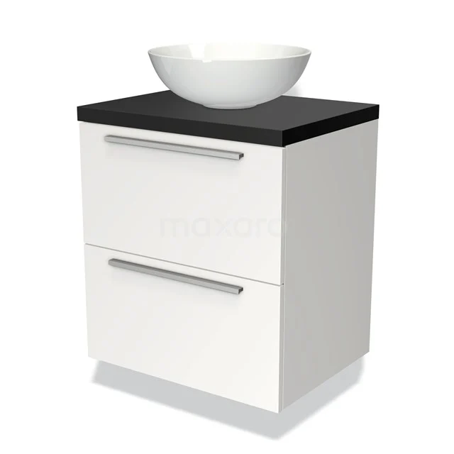 Wit badkamermeubel met zwarte bovenkant en ronde waskom, modern design met twee lades en chromen handgrepen.
