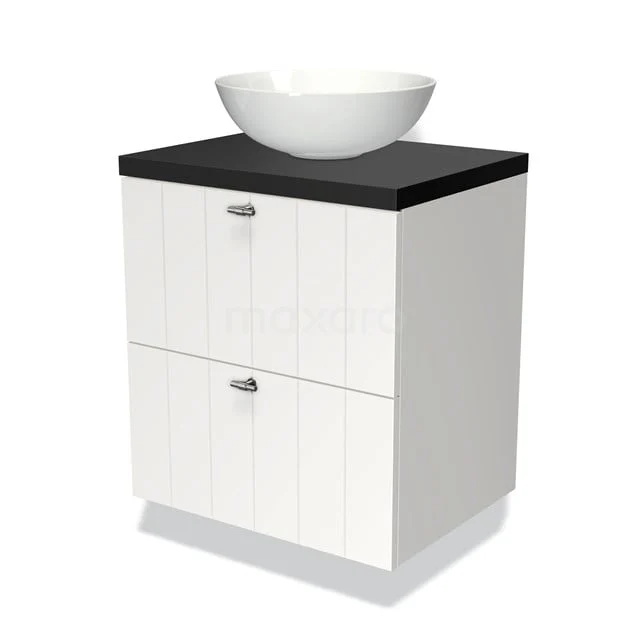 Weißer Badschrank mit schwarzer Platte und runder Aufsatzwaschbecken, modernes Design in Holzoptik, ideal für Badezimmerlagerung.