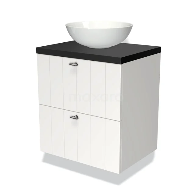 Witte badkamerkast met zwarte bovenblad en ronde opzetwaskom, modern design in houtlook, ideaal voor badkameropslag.