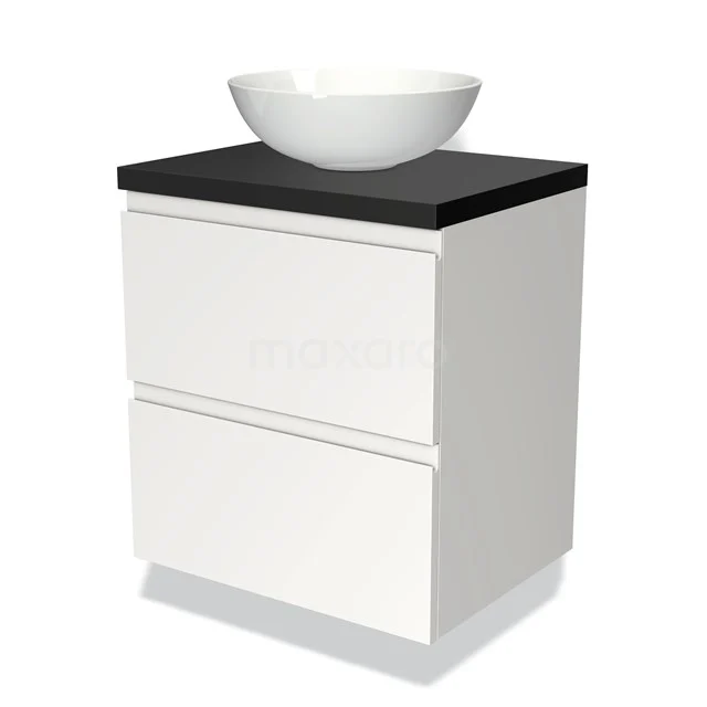 Weißes Badmöbel mit zwei Schubladen, schwarzer Platte und rundem Waschbecken, perfekt für einen modernen Badezimmerstil.