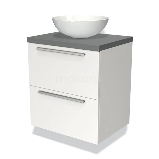 White bathroom unit with two drawers, grey worktop and round countertop wash basin, modern design, ideal for compact bathrooms.