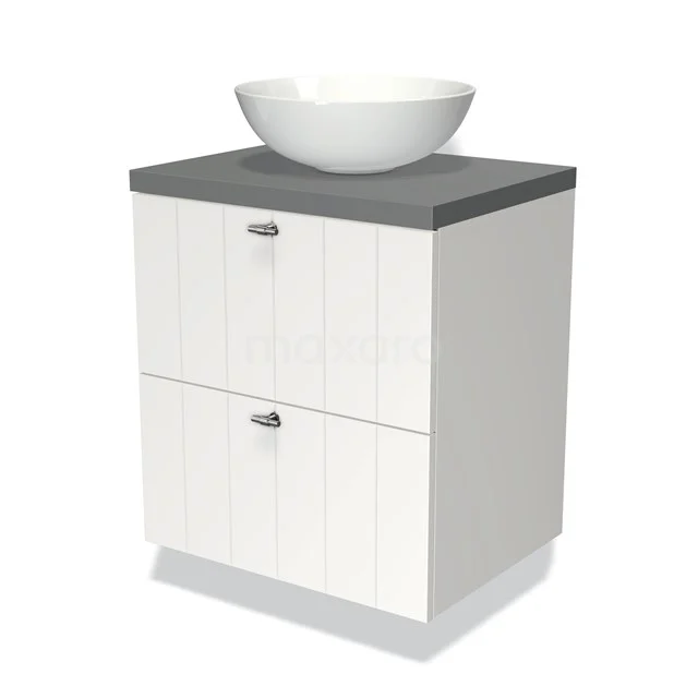 Weißes Badezimmermöbel mit grauer Platte, runder keramischer Aufsatzwaschbecken, zwei Schubladen und modernem Erscheinungsbild.