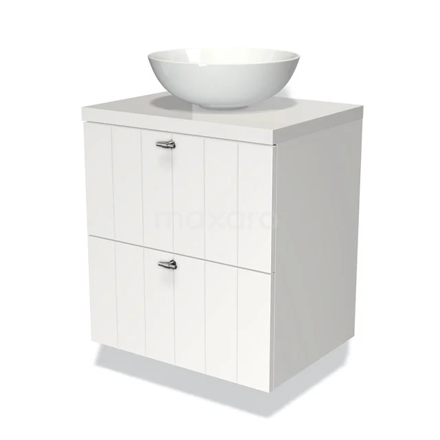 Wit houten badkamermeubel met twee lades en een ronde wastafel; modern design, ideaal voor een stijlvolle badkamer.