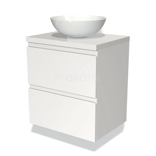 Weißes Badezimmermöbel mit zwei Schubladen und modernem keramischen Waschbecken obenauf, ideal für ein stilvolles und praktisches Badezimmer.