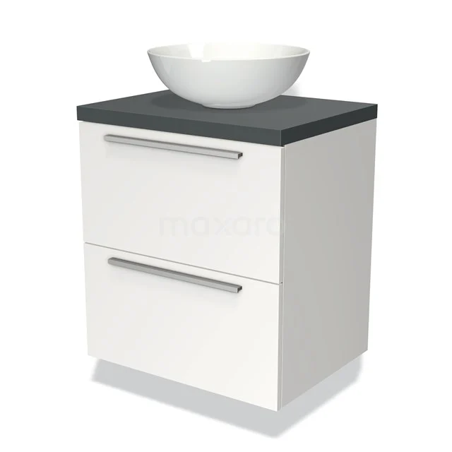 Weißes Holz Badezimmermöbel mit schwarzer Oberseite und rundem keramischen Aufsatzwaschbecken, modernes Design, zwei Schubladen.