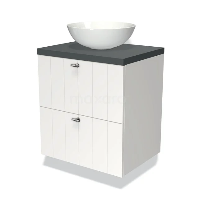 Weißes Badezimmermöbel mit grauer Platte, keramisches Aufsatzwaschbecken oben, zwei Schubladen mit silberfarbenen Griffen für modernen Badezimmerstil.