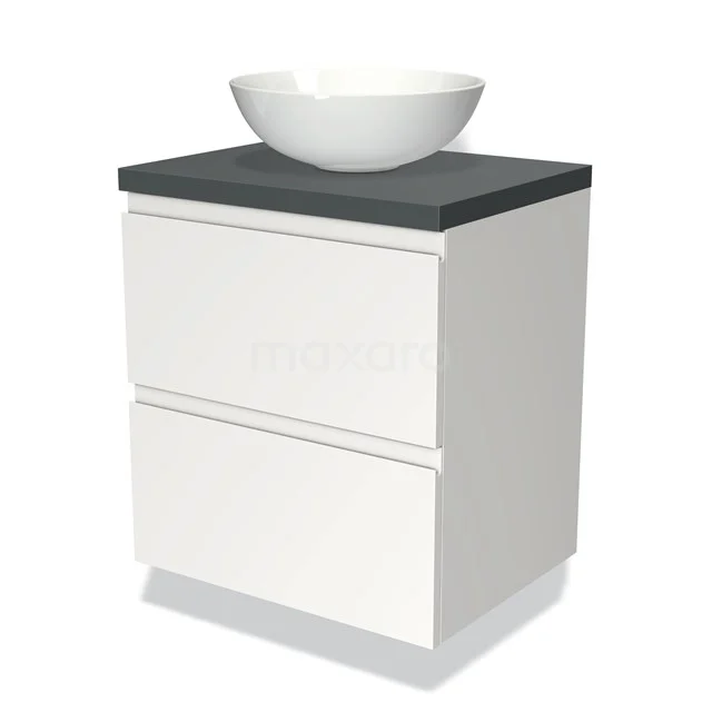 Weißes Badezimmermöbel mit grauer Steinplatte, runder weißer Aufsatzwaschbecken und zwei Schubladen, modernes Design.