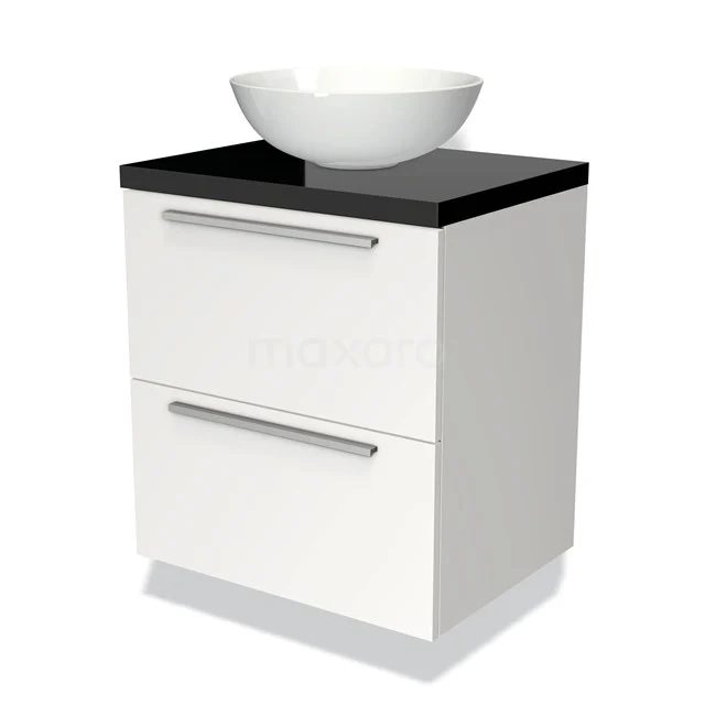 Wit badkamermeubel met zwarte bovenplaat en ronde wastafel, twee lades met metalen grepen, modern design.