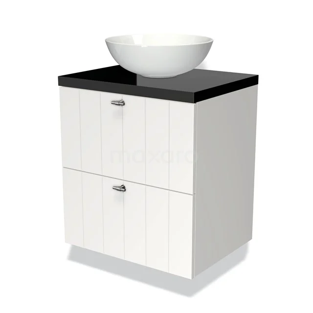 Wit badkamermeubel met zwarte bovenblad, keramische wastafel, twee lades en stijlvolle handgrepen, perfect voor elke moderne badkamer.