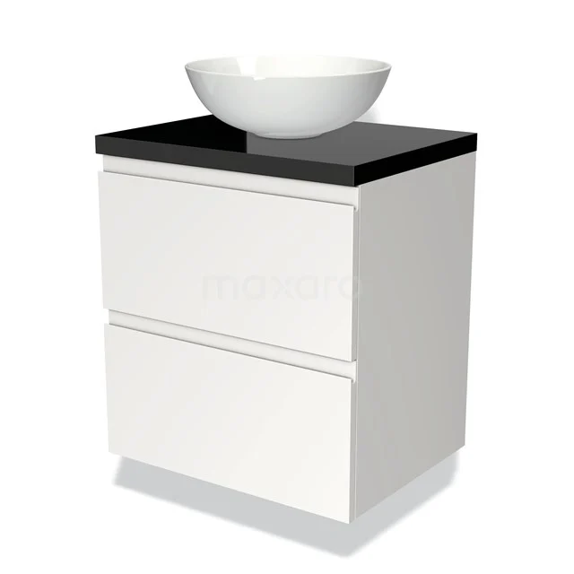 Weißes Badezimmermöbel mit modernem schwarzen Platte und runder weißer Waschbecken; ideal für ein stilvolles Badezimmer.