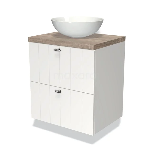 Weißes Badezimmermöbel mit Holzlook Platte, keramischem Waschbecken und zwei Schubladen, ideal für einen modernen Stil.