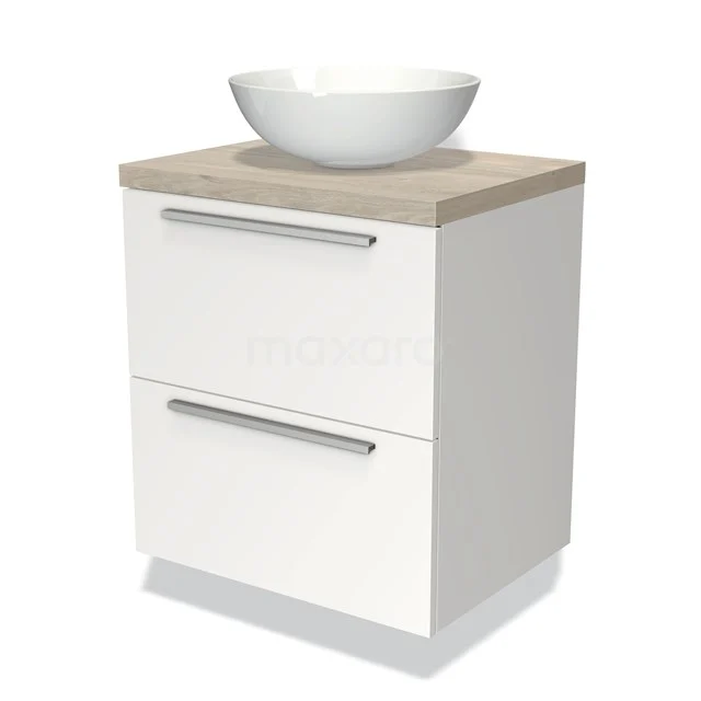 Weißes Holz-Badezimmermöbel mit Aufsatzwaschbecken, zwei Softclose-Schubladen im modernen Design und Holzlook-Platte, ideal für jeden Badezimmerstil.