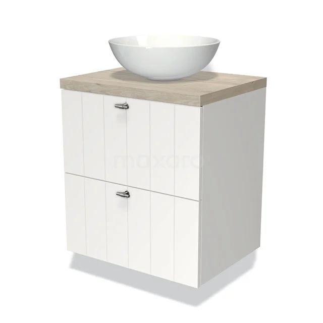 Weißes Badmöbel mit 2 Schubladen, Holzplatte und einem runden Aufsatzwaschbecken, ideal für ein stilvolles und praktisches Badezimmer.