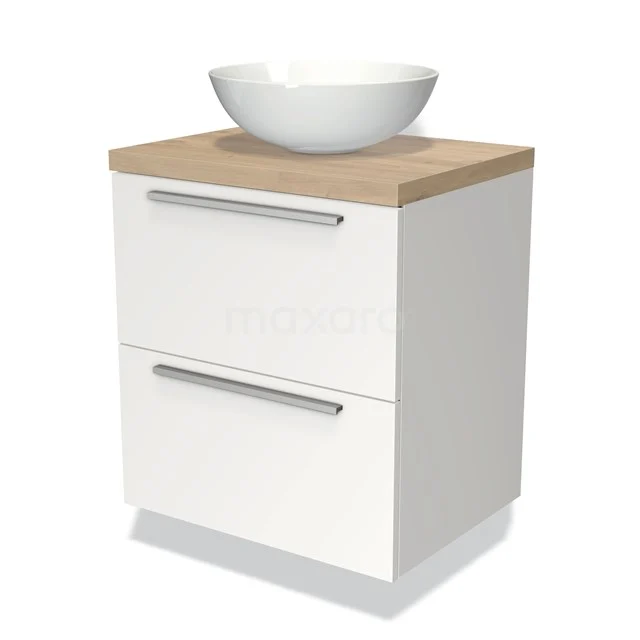 Wit badkamermeubel met houten blad, keramische waskom en twee lades, modern design passend in elke badkamerstijl.