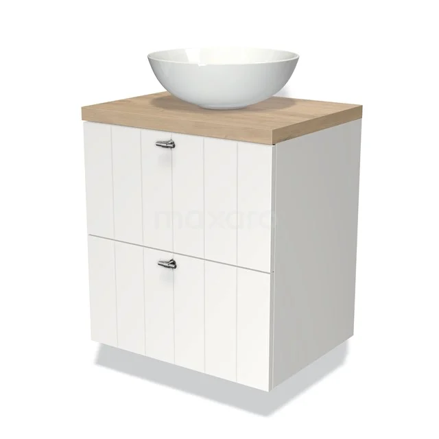 Badmöbel für Aufsatzwaschbecken 60cm Modulo Plato Matt Weiß 2 Schubladen Lamelle Hellbraune Eiche Platte BMK17-00631 Weißes Badezimmermöbel mit Holzlook Platte und runder Aufsatz-Waschbecken, ausgestattet mit zwei Schubladen mit modernen Griffen.