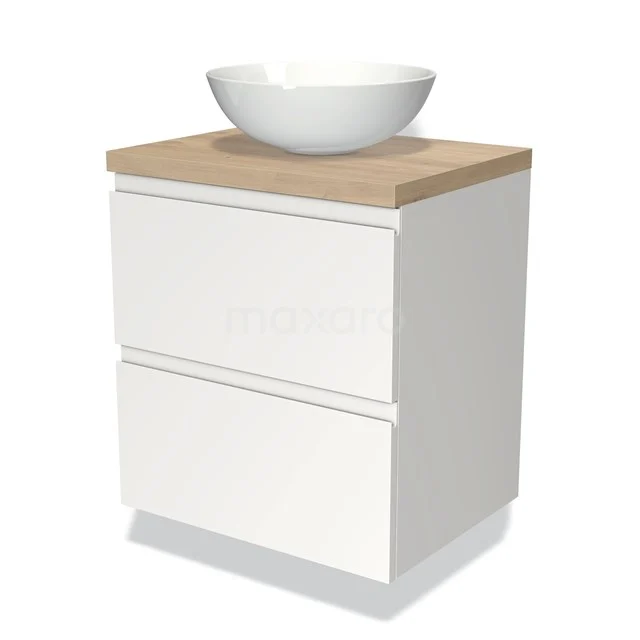 Wit badkamermeubel met houten blad, keramische wastafel en dubbele lades, modern design voor praktische badkamerruimte.
