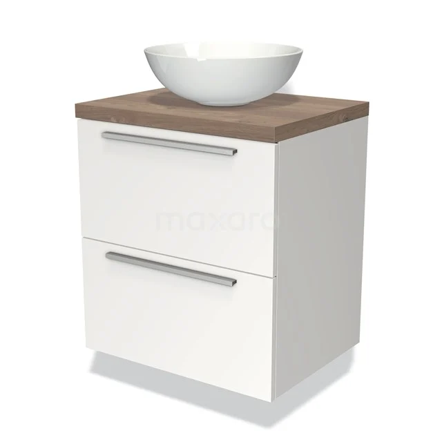 Weißes Badezimmermöbel mit holzfarbener Platte und rundem Aufsatzwaschbecken, modernes Design mit zwei Schubladen und silbernen Griffen.