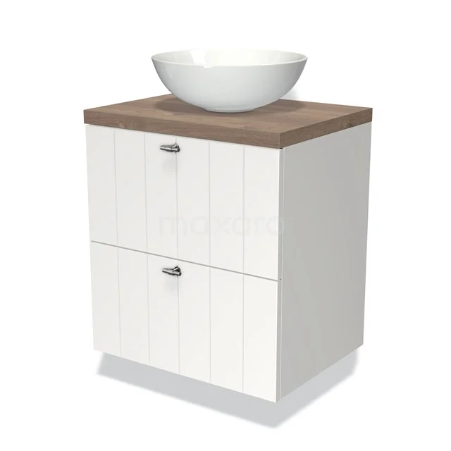 Wit badmeubel met houtlook blad, ronde keramische waskom en twee lades, ideaal voor een moderne badkamer inrichting.