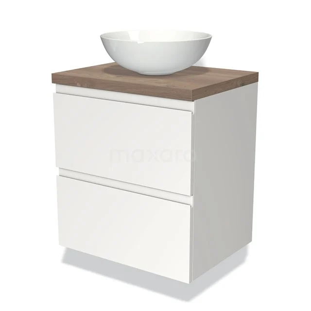 Wit badmeubel met houtlook blad, keramische waskom en twee lades; ideaal voor een moderne badkamer inrichting.