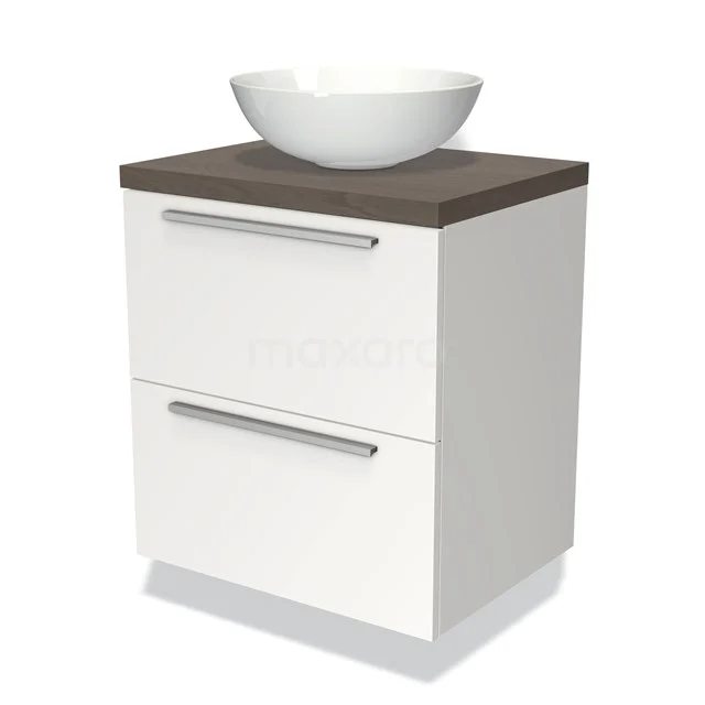 Weißes Badezimmermöbel mit Holzlook Platte, zwei Schubladen und einem runden keramischen Waschbecken oben drauf. Modernes und elegantes Design.